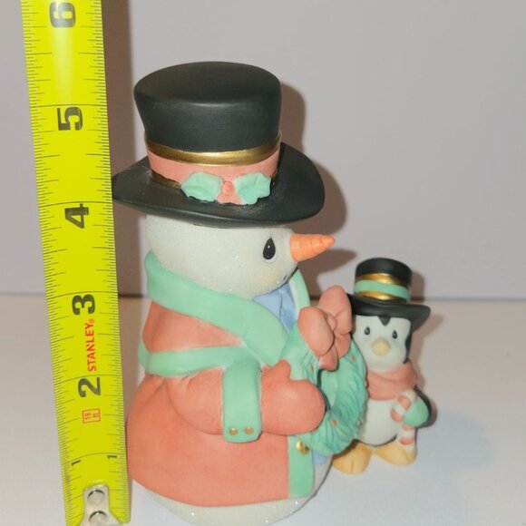 Snowman & Penguin Figurine With Wreath 5" Tall Hand-Painted 'All decked out' - Picture 6 of 7